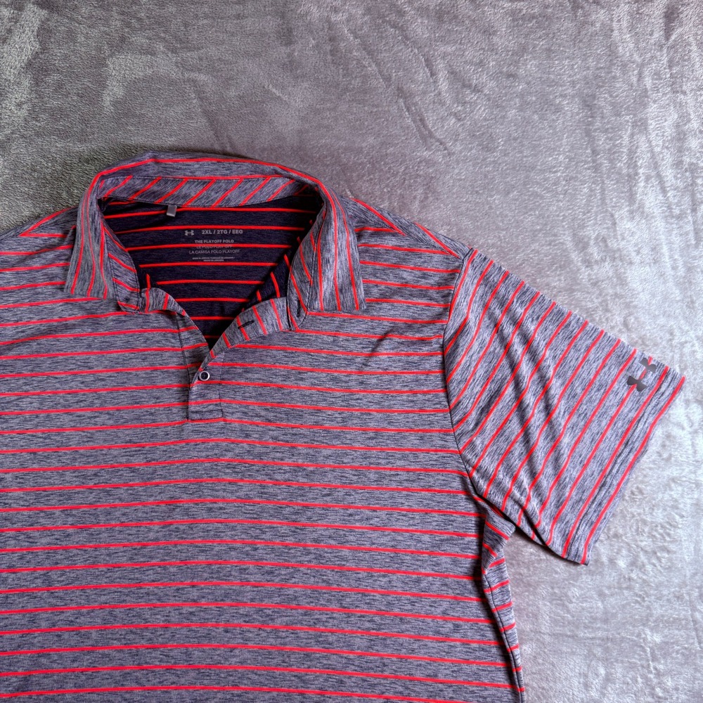 Under Armour Mens XXL The Playoff Polo Shirt Striped Gray Red Golf